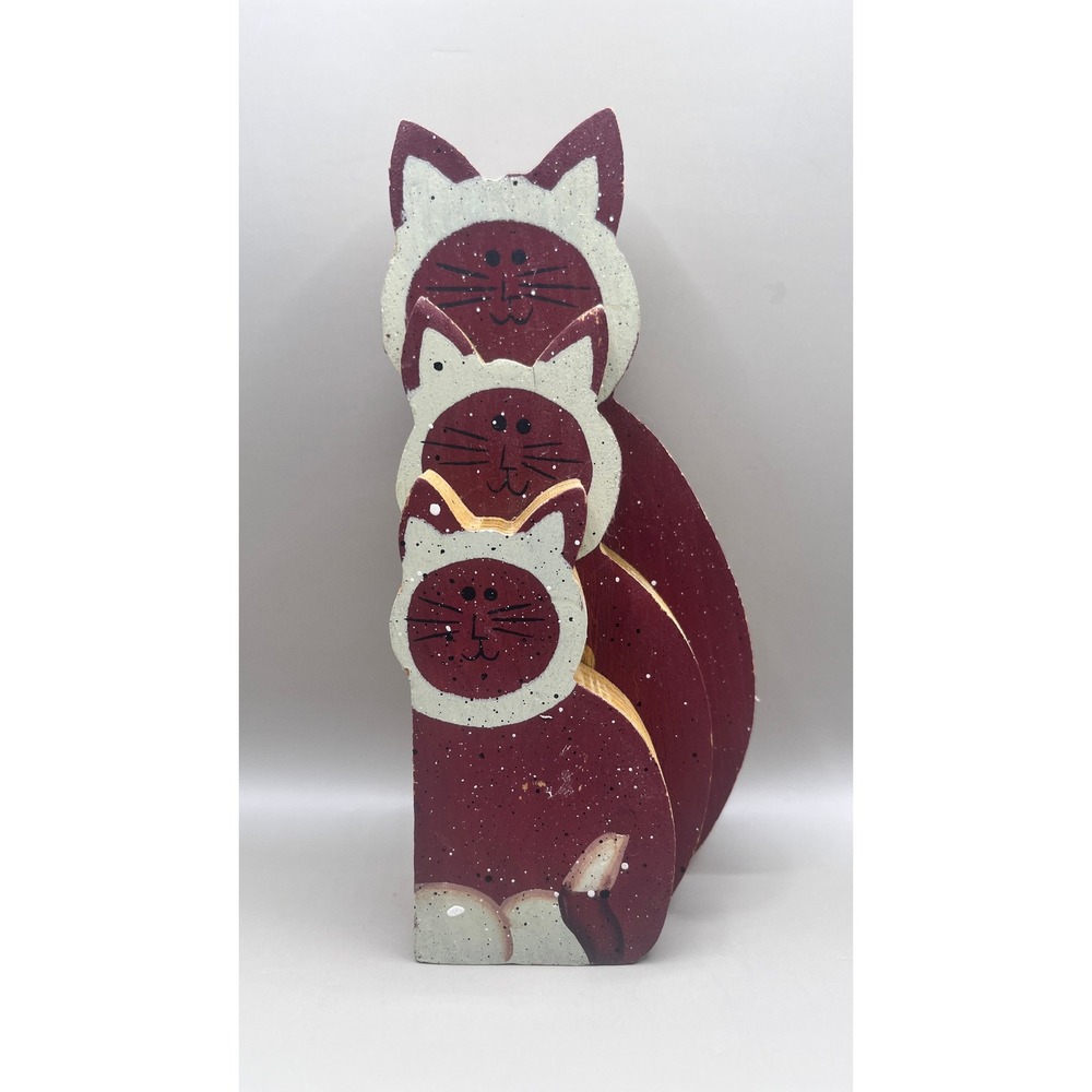 Vtg‎ Stacked Wooden 3 Cats Kittens 7.5" Tall Rustic Country Decor Collectible